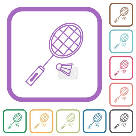 Badmintonschläger und Federball umreißen einfache Symbole in farblich abgerundeten quadratischen Rahmen auf weißem Hintergrund