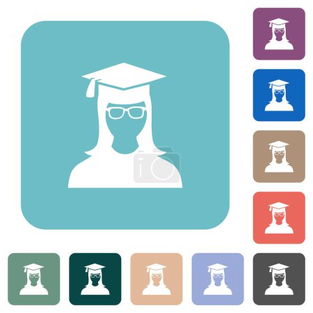 Illustration for Graduate female avatar white flat icons on color rounded square backgrounds - Royalty Free Image