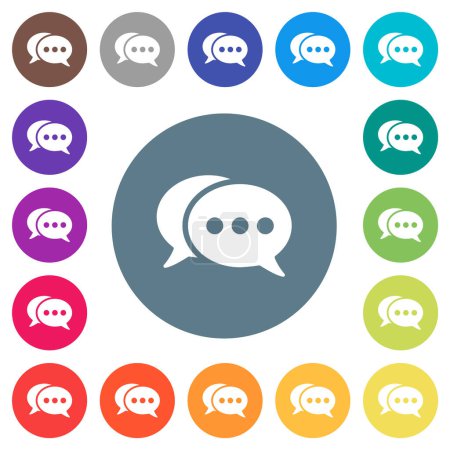 Ilustración de Dos burbujas de chat activas ovaladas iconos blancos planos sólidos sobre fondos de color redondos. 17 variaciones de color de fondo se incluyen. - Imagen libre de derechos