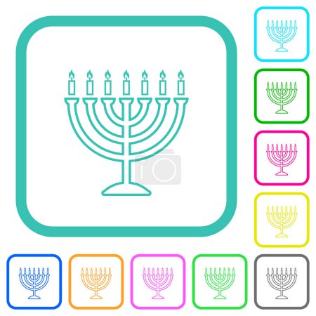 Illustration for Menorah with burning candles outline vivid colored flat icons in curved borders on white background - Royalty Free Image