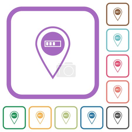 Ilustración de Localización GPS que procesa iconos simples en marcos cuadrados redondeados en color sobre fondo blanco - Imagen libre de derechos