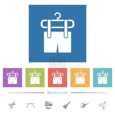 Illustration for Shorts on the clothes dryer flat white icons in square backgrounds. 6 bonus icons included. - Royalty Free Image
