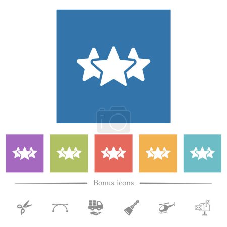 Ilustración de Clasificación de tres estrellas iconos blancos planos sólidos en fondos cuadrados. 6 iconos de bonificación incluidos. - Imagen libre de derechos