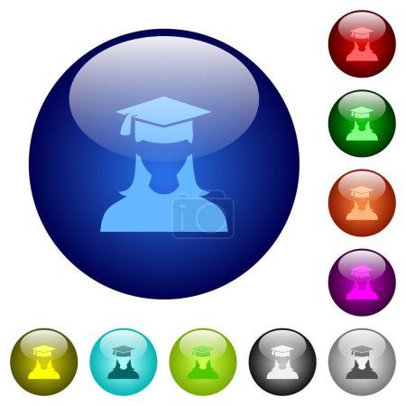 Illustration for Graduate female avatar icons on round glass buttons in multiple colors. Arranged layer structure - Royalty Free Image