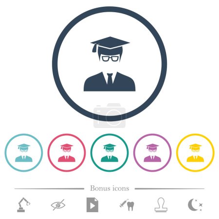 Illustration for Graduate male avatar flat color icons in round outlines. 6 bonus icons included. - Royalty Free Image