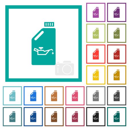 Illustration for Oil canister with oiler flat color icons with quadrant frames on white background - Royalty Free Image