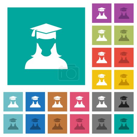 Illustration for Graduate female avatar multi colored flat icons on plain square backgrounds. Included white and darker icon variations for hover or active effects. - Royalty Free Image