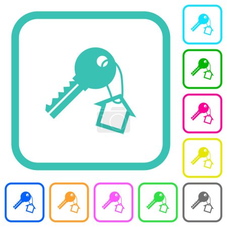 Illustration for Key and small house on the key ring vivid colored flat icons in curved borders on white background - Royalty Free Image