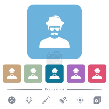 Illustration for Spy with mustache avatar white flat icons on color rounded square backgrounds. 6 bonus icons included - Royalty Free Image