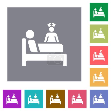 Téléchargez les illustrations : Soins hospitaliers icônes plates sur fond carré de couleur simple - en licence libre de droit