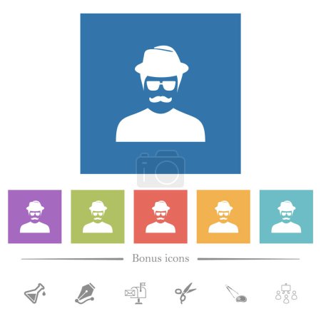 Illustration for Spy with mustache avatar flat white icons in square backgrounds. 6 bonus icons included. - Royalty Free Image