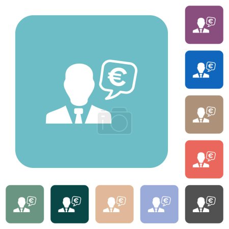 Téléchargez les illustrations : Européen Euro conseiller financier blanc icônes plates sur fond carré arrondi couleur - en licence libre de droit