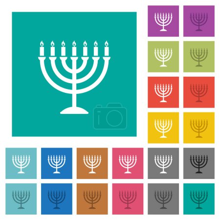 Illustration for Menorah with burning candles solid multi colored flat icons on plain square backgrounds. Included white and darker icon variations for hover or active effects. - Royalty Free Image