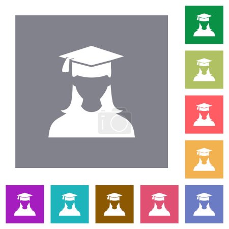 Illustration for Graduate female avatar flat icons on simple color square backgrounds - Royalty Free Image