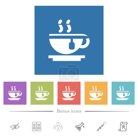 Illustration for Cup of tea flat white icons in square backgrounds. 6 bonus icons included. - Royalty Free Image
