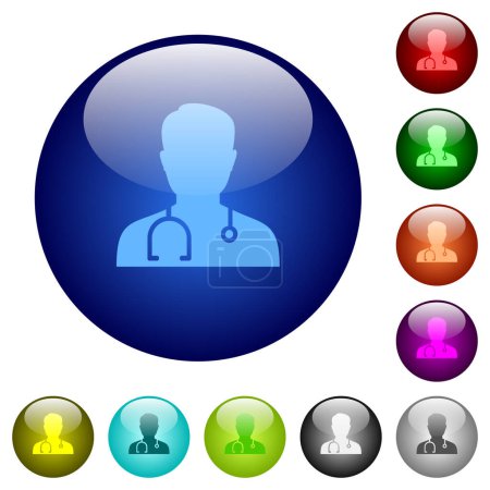 Illustration for Doctor avatar icons on round glass buttons in multiple colors. Arranged layer structure - Royalty Free Image