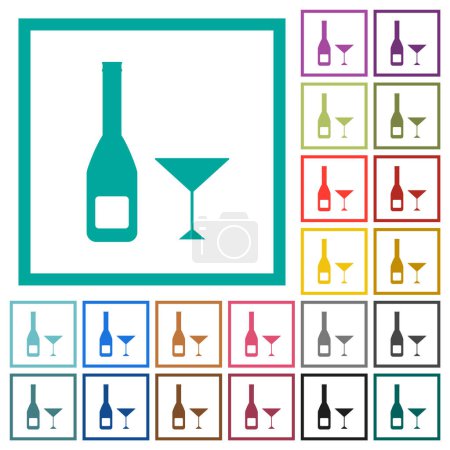 Illustration for Wine bottle and glass flat color icons with quadrant frames on white background - Royalty Free Image