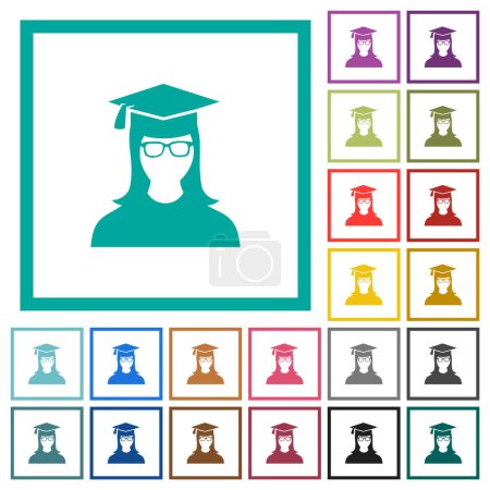 Illustration for Graduate female avatar flat color icons with quadrant frames on white background - Royalty Free Image