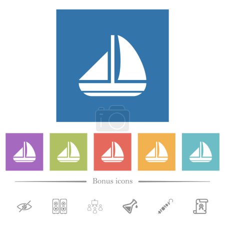 Illustration for Sailing boat solid flat white icons in square backgrounds. 6 bonus icons included. - Royalty Free Image