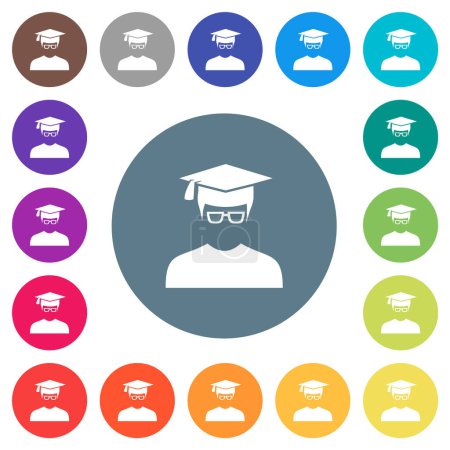 Illustration for Graduate male avatar flat white icons on round color backgrounds. 17 background color variations are included. - Royalty Free Image