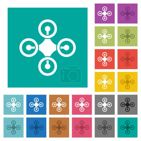 Ilustración de Drone vista superior sólidos iconos planos multicolores sobre fondos cuadrados llanos. Incluidas variaciones de iconos blancos y más oscuros para efectos de flotación o activos. - Imagen libre de derechos