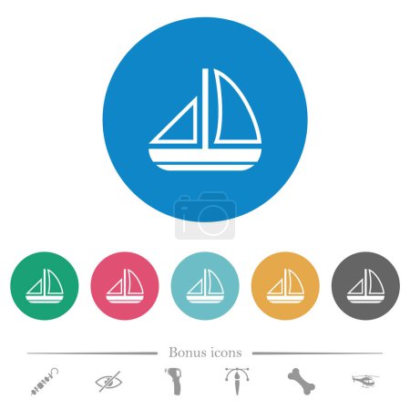 Illustration for Sailing boat outline flat white icons on round color backgrounds. 6 bonus icons included. - Royalty Free Image
