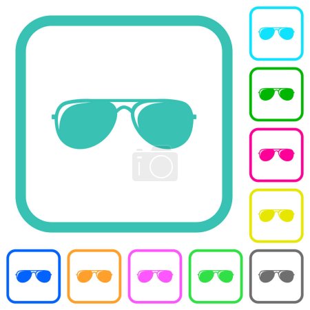 Illustration for Aviator sunglasses with glosses vivid colored flat icons in curved borders on white background - Royalty Free Image