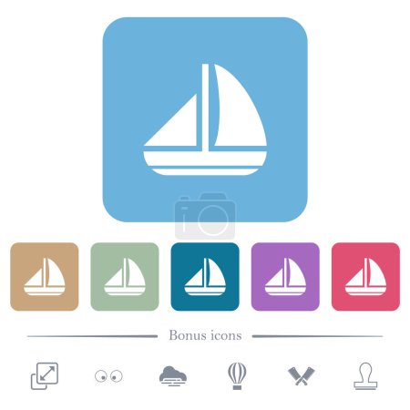 Illustration for Sailing boat solid white flat icons on color rounded square backgrounds. 6 bonus icons included - Royalty Free Image