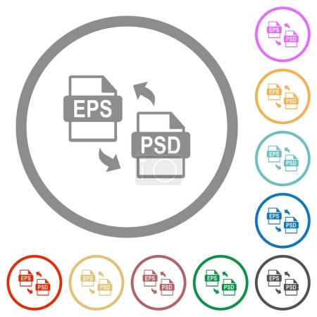 Téléchargez les illustrations : EPS PSD file conversion flat color icons in round outlines on white background - en licence libre de droit