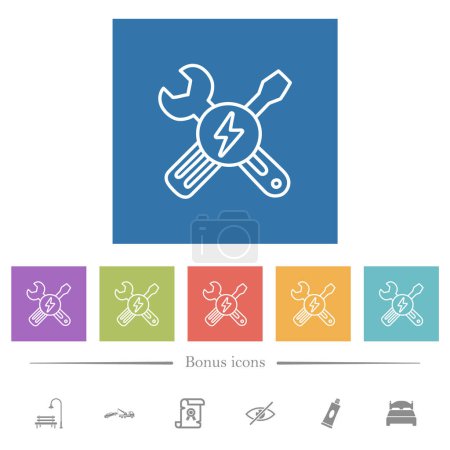 Illustration for Electric maintenance outline flat white icons in square backgrounds. 6 bonus icons included. - Royalty Free Image