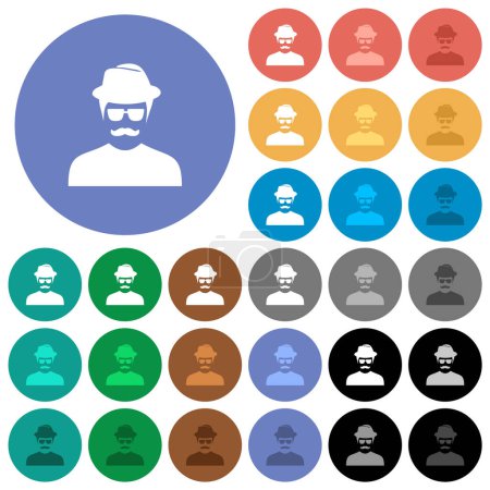 Illustration for Spy with mustache avatar multi colored flat icons on round backgrounds. Included white, light and dark icon variations for hover and active status effects, and bonus shades. - Royalty Free Image