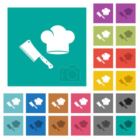 Ilustración de Cuchillo de cuchilla de carne y sombrero de chef iconos planos multicolores sobre fondos cuadrados lisos. Incluidas variaciones de iconos blancos y más oscuros para efectos de flotación o activos. - Imagen libre de derechos