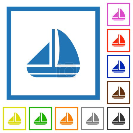 Illustration for Sailing boat solid flat color icons in square frames on white background - Royalty Free Image