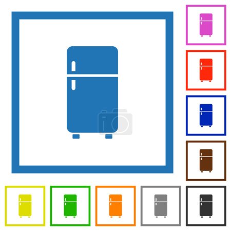 Téléchargez les illustrations : Réfrigérateur couleurs plates icônes dans des cadres carrés sur fond blanc - en licence libre de droit