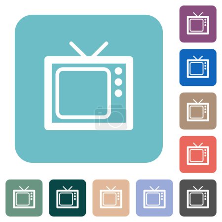 Téléchargez les illustrations : Vintage télévision rétro blanc icônes plates sur fond carré arrondi couleur - en licence libre de droit