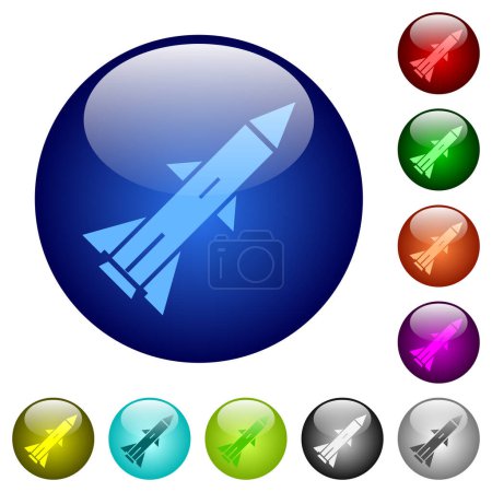 Illustration for Ballistic missile icons on round glass buttons in multiple colors. Arranged layer structure - Royalty Free Image