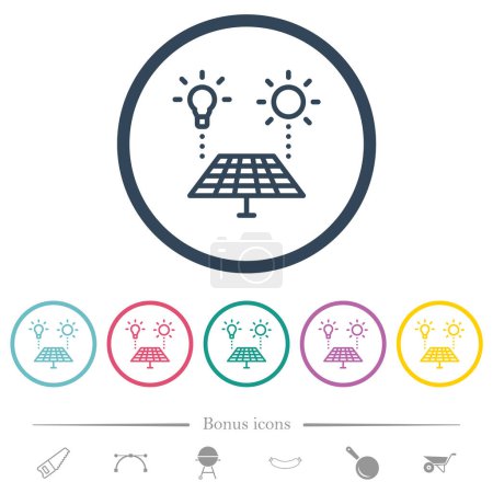 Téléchargez les illustrations : Énergie solaire recyclage des icônes de couleur plates dans les contours ronds. 6 icônes bonus incluses. - en licence libre de droit