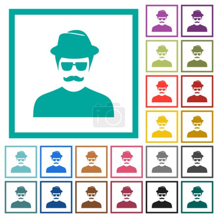Téléchargez les illustrations : Espion avec avatar moustache couleur plate icônes avec cadres quadrant sur fond blanc - en licence libre de droit