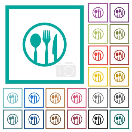 Illustration for Tableware set outline flat color icons with quadrant frames on white background - Royalty Free Image