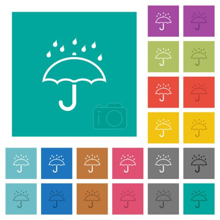Regenschirm mit Regenumrandung, mehrfarbige flache Symbole auf einfachen quadratischen Hintergründen. Inklusive weißer und dunklerer Symbolvariationen für Schwebeeffekte oder aktive Effekte.