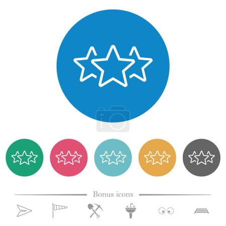 Ilustración de Clasificación de tres estrellas esbozan iconos blancos planos en fondos de color redondo. 6 iconos de bonificación incluidos. - Imagen libre de derechos