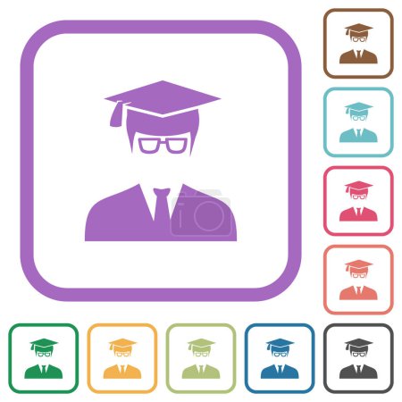 Graduate male avatar simple icons in color rounded square frames on white background