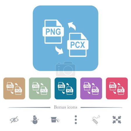 Téléchargez les illustrations : PNG PCX conversion de fichiers icônes plates blanches sur fond carré arrondi couleur. 6 icônes bonus incluses - en licence libre de droit