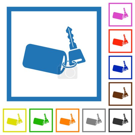 Téléchargez les illustrations : Clé de voiture avec télécommande couleur plate icônes dans des cadres carrés sur fond blanc - en licence libre de droit