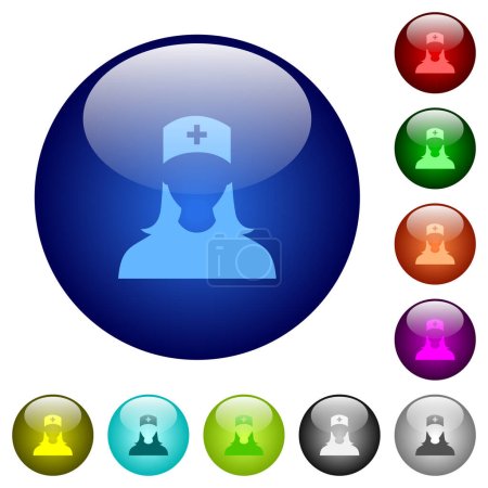Nurse avatar icons on round glass buttons in multiple colors. Arranged layer structure