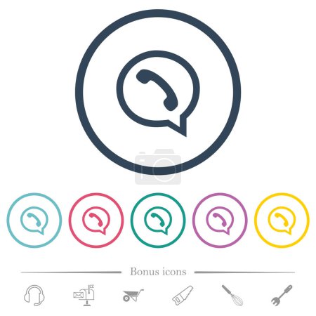 Ilustración de Teléfono en el chat burbuja esbozar iconos de color plano en los contornos redondos. 6 iconos de bonificación incluidos. - Imagen libre de derechos