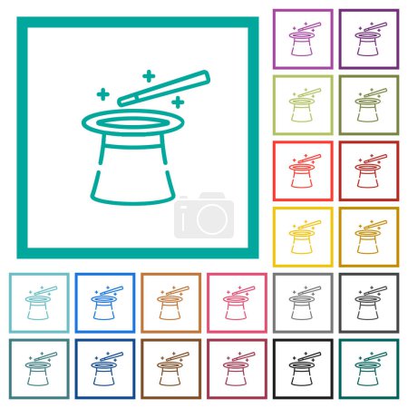 Illustration for Magic hat and wand outline flat color icons with quadrant frames on white background - Royalty Free Image