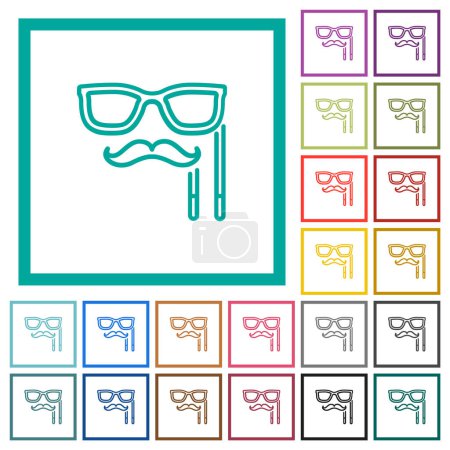 Man masquerade mask with stick outline flat color icons with quadrant frames on white background