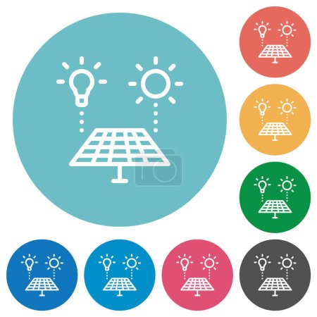 Téléchargez les illustrations : Énergie solaire recyclage des icônes blanches plates sur fond de couleur ronde - en licence libre de droit