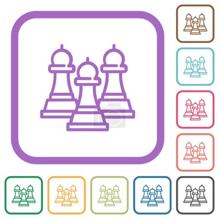 Trois évêques d'échecs esquissent des icônes simples dans des cadres carrés arrondis de couleur sur fond blanc